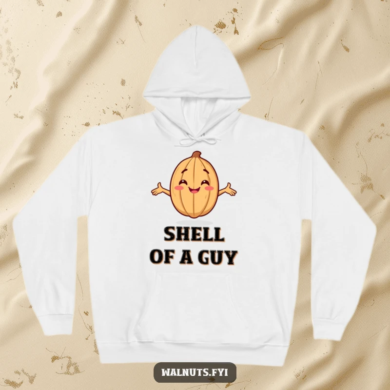 Funny hoodie showcasing a smiling walnut character striking a confident pose with arms spread wide, embodying assurance.
