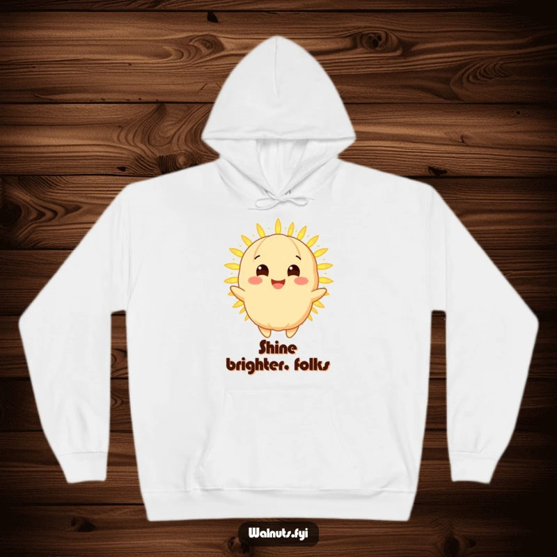 Funny macadamia nut hoodie with a radiant golden character smiling broadly and sharing a gentle glowing light, cozy and humorous.