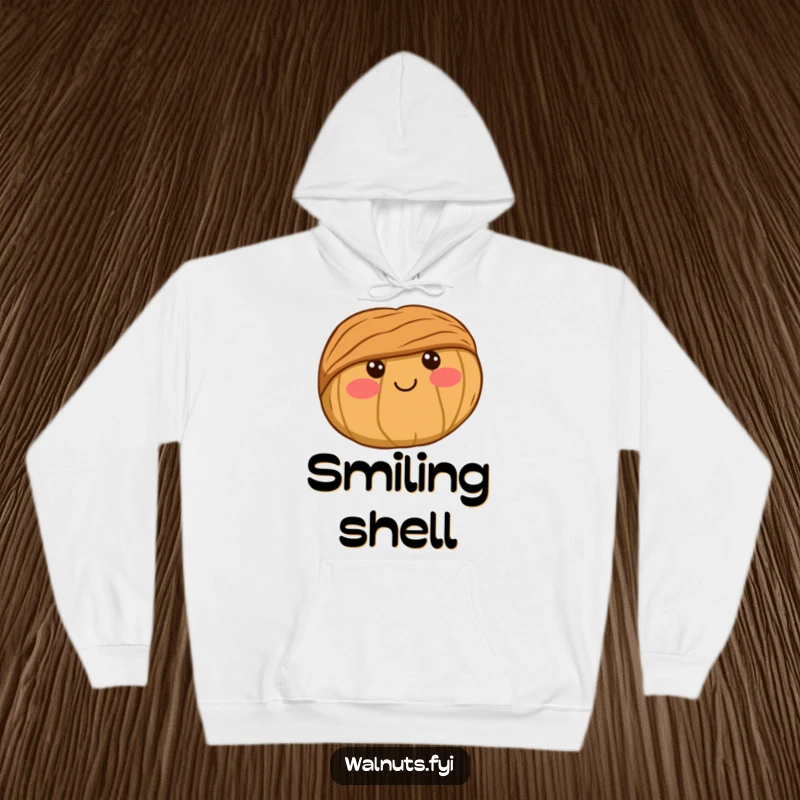 Funny Hoodie featuring a sweet kawaii walnut with rosy cheeks and a happy, closed-mouth smile, radiating warmth and charm.