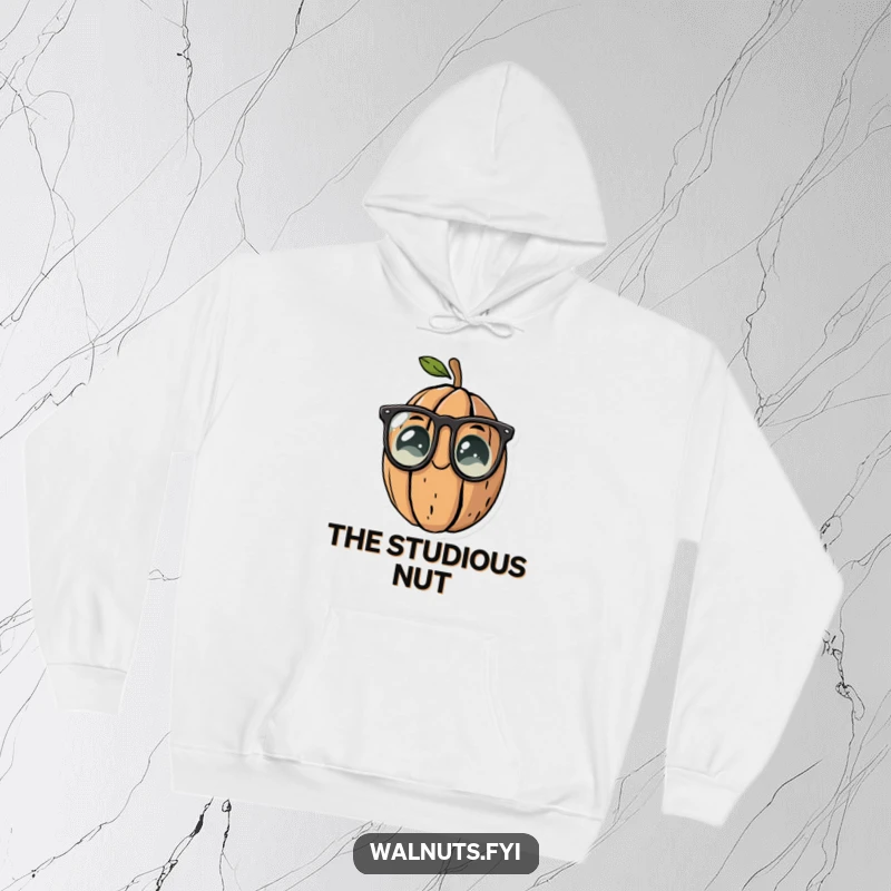 Funny hoodie showcasing a walnut character sporting reading glasses, perfect for cozy, intellectual moments.