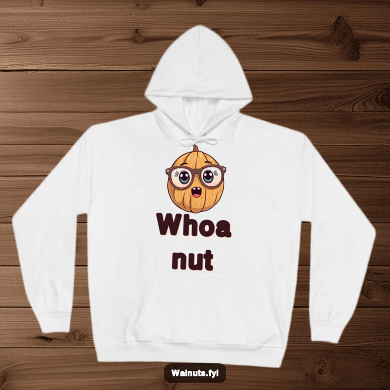 Funny Hoodie featuring a walnut character sporting huge reading glasses, with a comically surprised and wide-eyed expression.