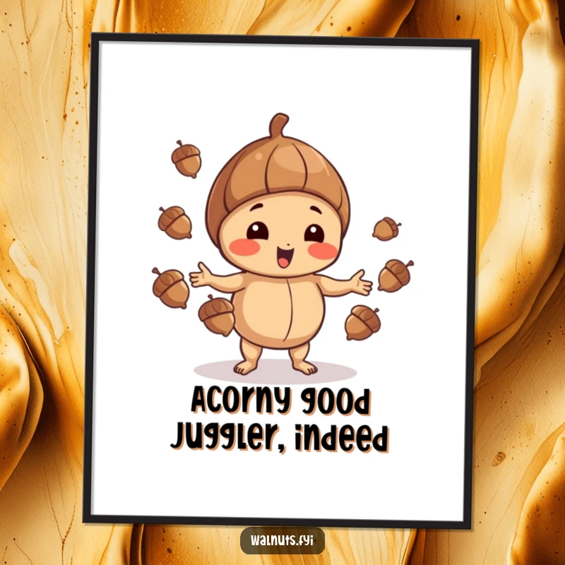 Funny Free Printable Wall Art: A playful walnut is captured mid-juggle with several acorns, showcasing impressive dexterity.