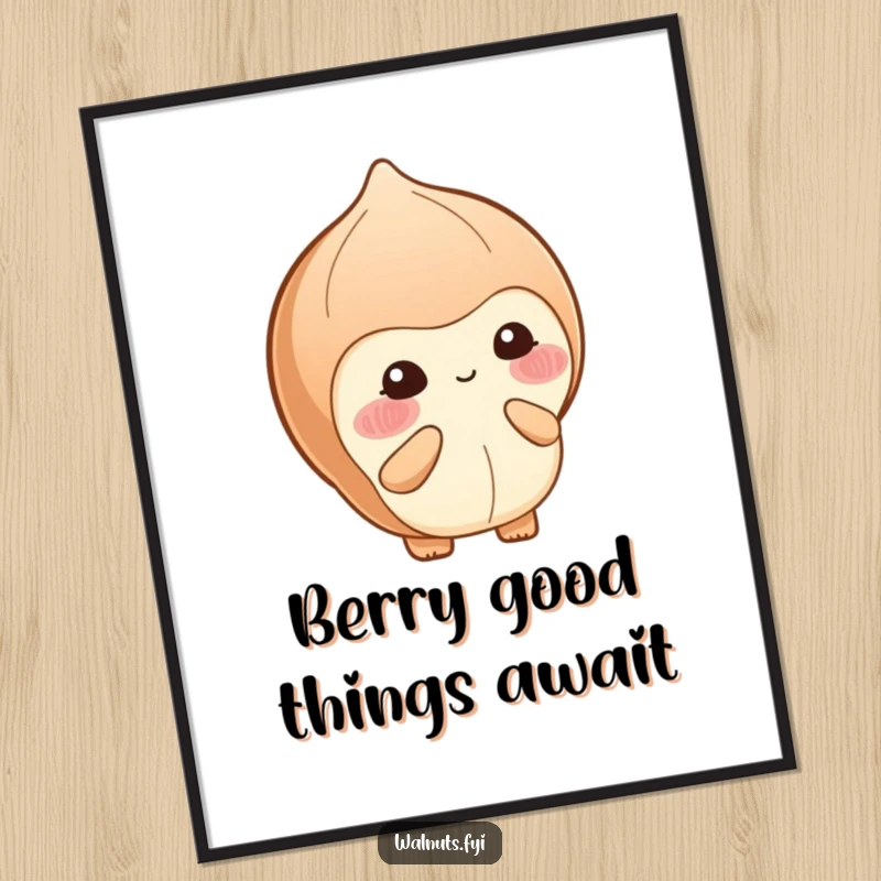 Funny Free Printable Wall Art: Blushing hazelnut shyly offers a small berry with a bashful smile, radiating sweetness.