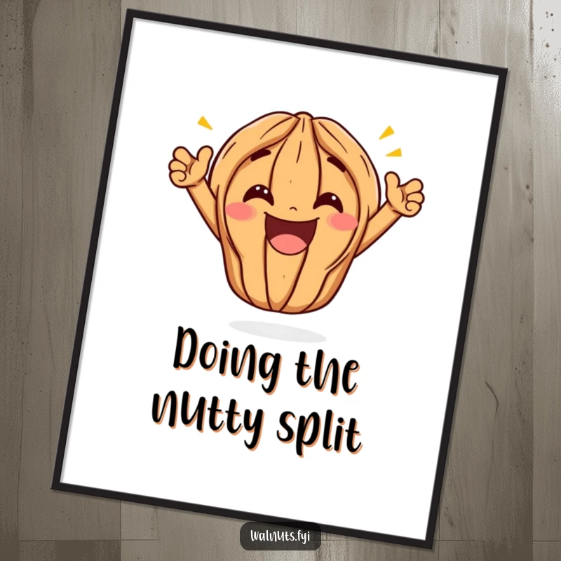 Funny Free Printable Wall Art: Kawaii walnut in a dramatic split pose, grinning widely with triumphant energy, cheerful decor.