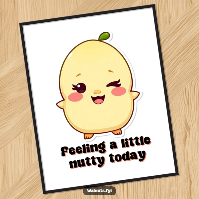 Funny Free Printable Wall Art of a giggling Kawaii pistachio character with a mischievous wink, bringing nutty humor.