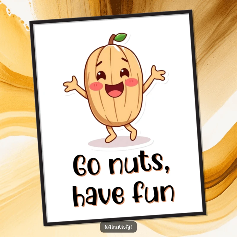 Funny Free Printable Wall Art of a playful walnut character enthusiastically doing a happy dance, radiating pure joy.