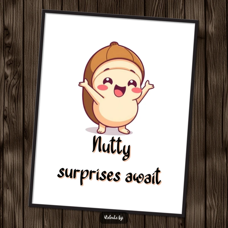 Funny Free Printable Wall Art: Excited Kawaii hazelnut character popping out of its shell, creating a humorous visual.