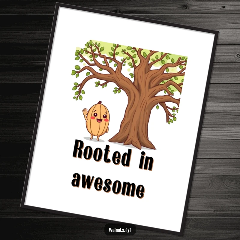 Funny Free Printable Wall Art: A cheerful walnut character hilariously salutes a majestic oak tree, perfect for quirky home decor.