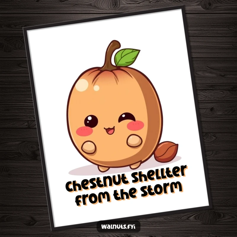 Funny Free Printable Wall Art: Giggling brown chestnut character with a mischievous grin playfully hiding behind a giant nut.
