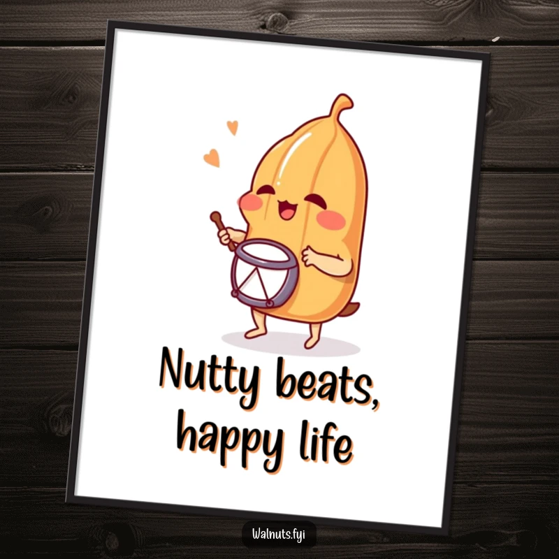 Funny Free Printable Wall Art: A giggling pecan enthusiastically playing a tiny drum, bringing musical cheer to any room.