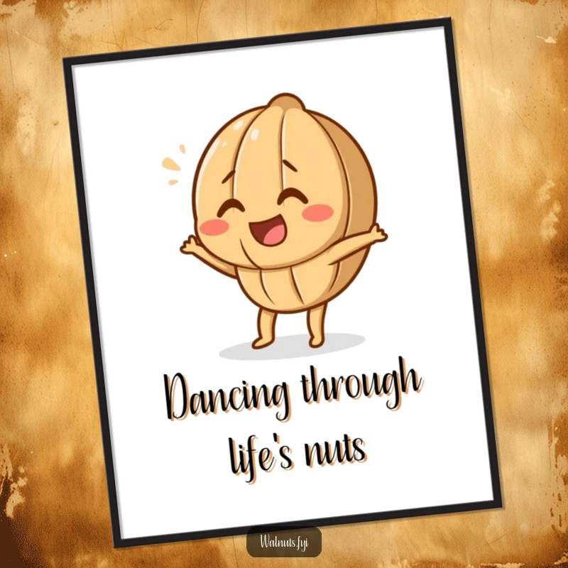 Funny Free Printable Wall Art: A lively walnut character doing a comical dance, bringing joy to any space. Downloadable art.