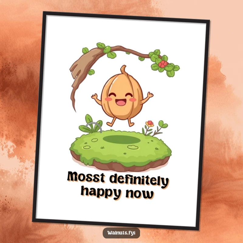 Funny free printable wall art of a happy walnut giggling and bouncing with joy on a soft, mossy patch.