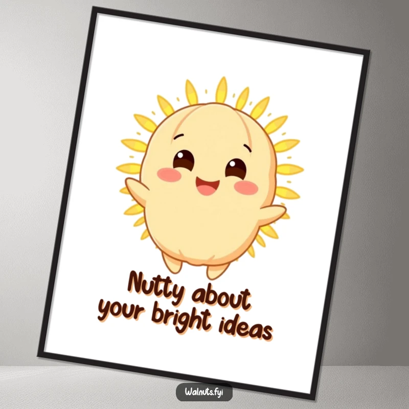 Funny Free Printable Wall Art: Golden Macadamia Nut character smiling brightly, emitting a warm, glowing light of positivity.
