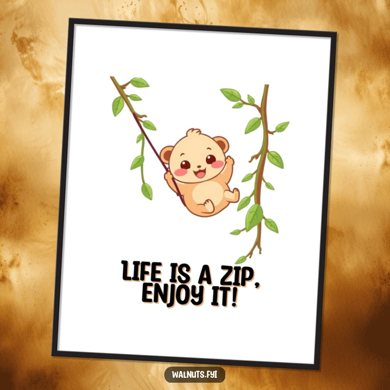 Funny free printable wall art: A wobbly beige hazelnut with a huge, happy grin rides a thrilling zipline made of vine.