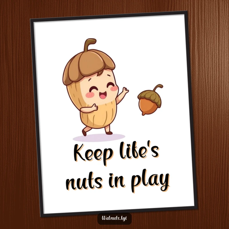 Funny Free Printable Wall Art: A playful walnut character is energetically juggling a small acorn, a humorous downloadable piece for quirky interiors.