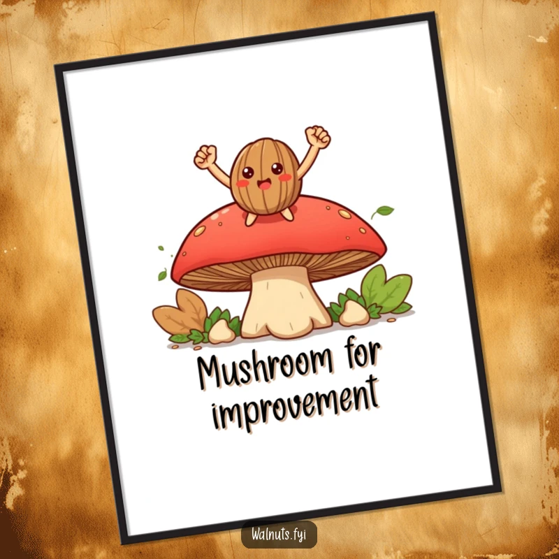 Funny free printable wall art showing a proud walnut striking a triumphant pose on a large mushroom, bringing smiles.