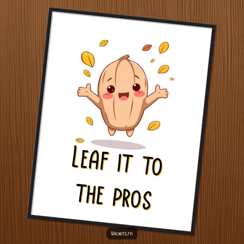 Funny Free Printable Wall Art: A whimsical walnut character with arms outstretched enthusiastically catches colorful falling leaves, evoking autumn.