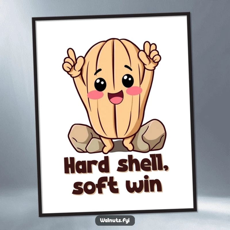 Funny Free Printable Wall Art: A cheerful walnut character with arms raised celebrates the summit of a successful climb.