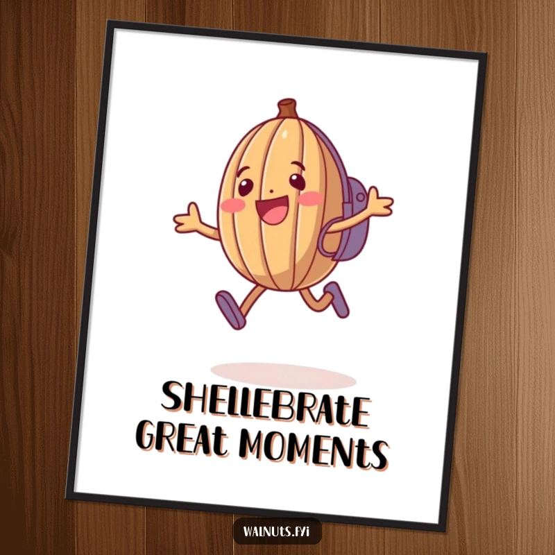 Funny Free Printable Wall Art: A happy anthropomorphic walnut wearing a backpack, enthusiastically jumping with joy.