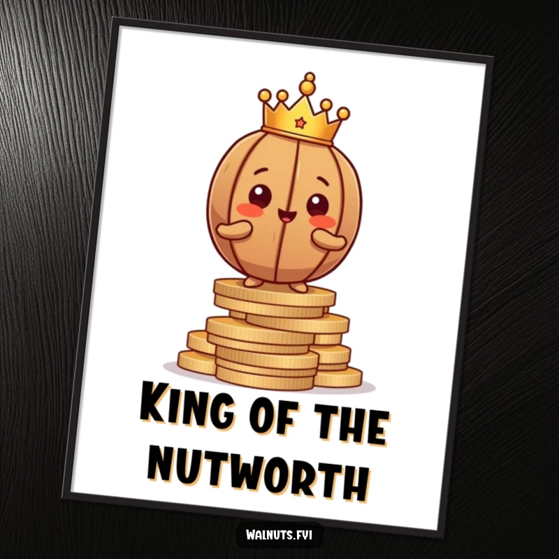 Funny Free Printable Walnut Wall Art: Proud brown walnut character wearing a crown, posing confidently atop a stack of coins.