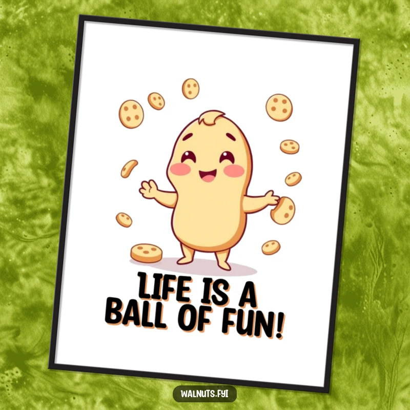 Funny Free Printable Wall Art: A cheerful cashew actively juggling small cookie pieces with immense glee and a playful expression.