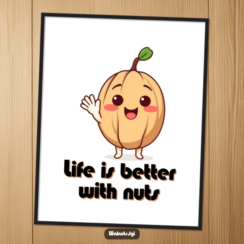 Funny free printable wall art of a happy walnut character with big eyes and a wide grin, offering a friendly wave.