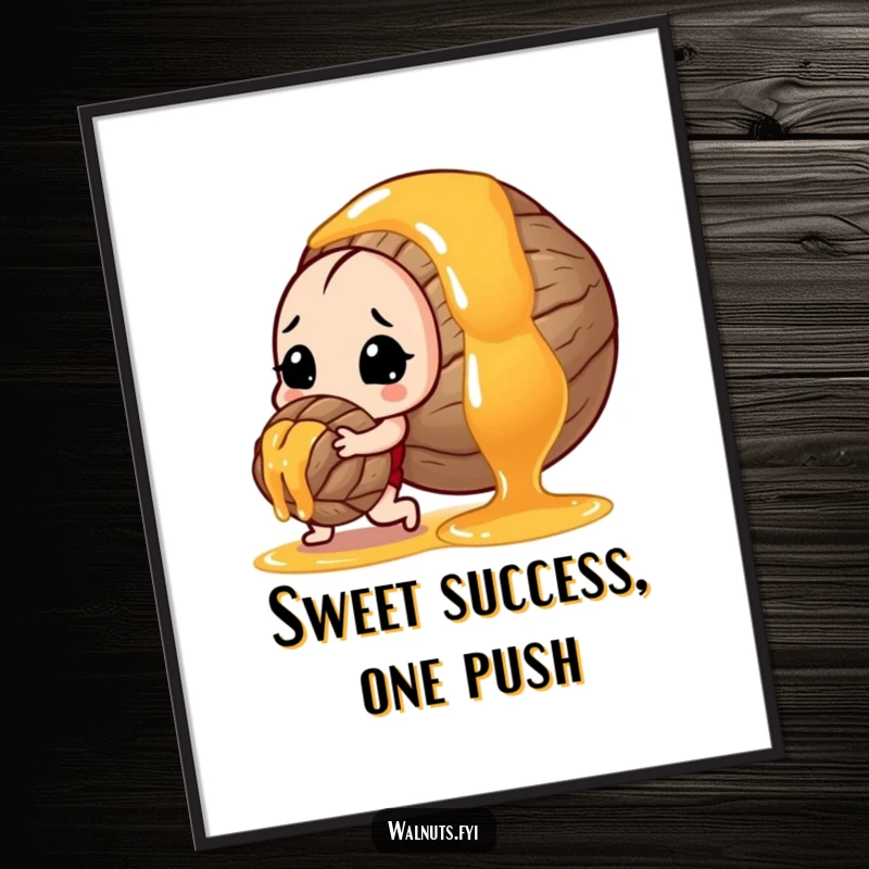 Funny Free Printable wall art of a determined walnut struggling to push a giant, rolling drop of honey, a humorous take on effort.