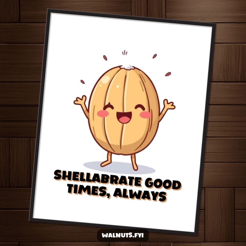 Funny Free Printable Wall Art: A happy walnut does a silly dance with a sprinkle of salt, full of joy.