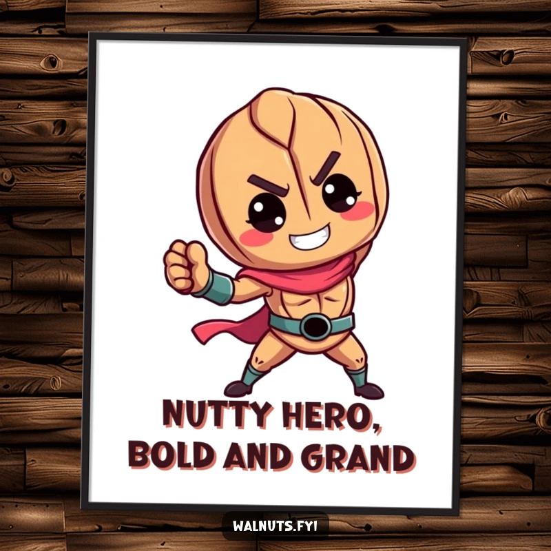 Funny Free Printable Wall Art: A vibrant walnut in a heroic pose, embodying strength and a touch of playful charm.