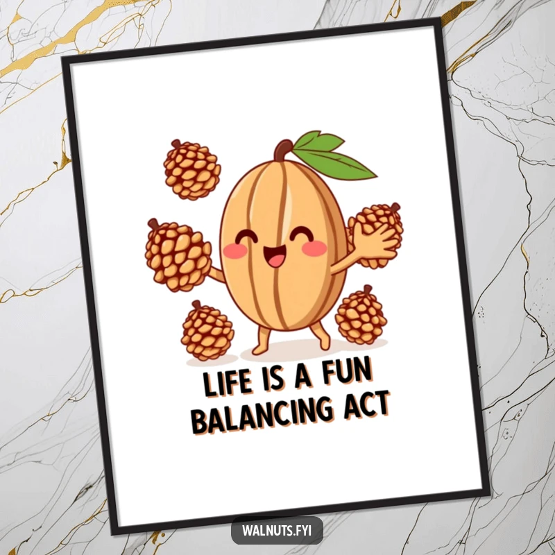 Funny Free Printable Wall Art featuring a smiling walnut juggling three tiny pinecones, a whimsical and humorous decor piece.