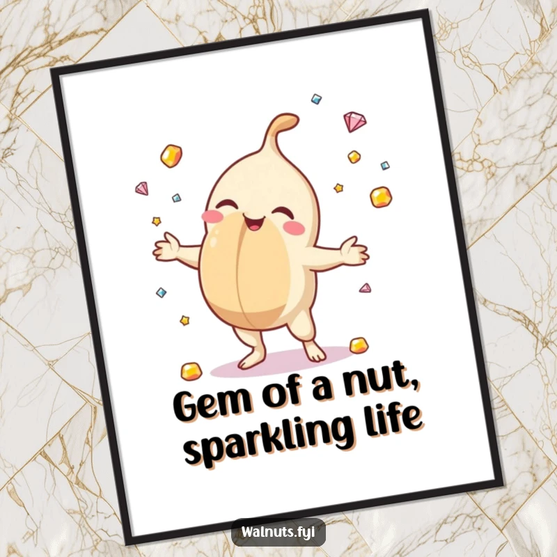 Funny Free Printable Wall Art: A delighted macadamia nut skillfully juggling tiny, sparkling gemstones with pure joy.