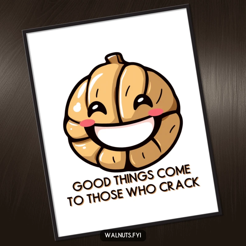 Funny Free Printable Wall Art: A stylized walnut cracked open with a wide, happy smile, creating a joyful downloadable art piece.