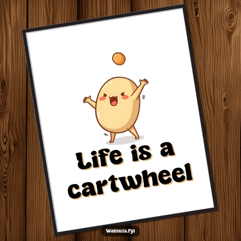 Funny Free Printable Wall Art: Silly Brazil nut in mid-cartwheel with a crumb flying, capturing pure joy.