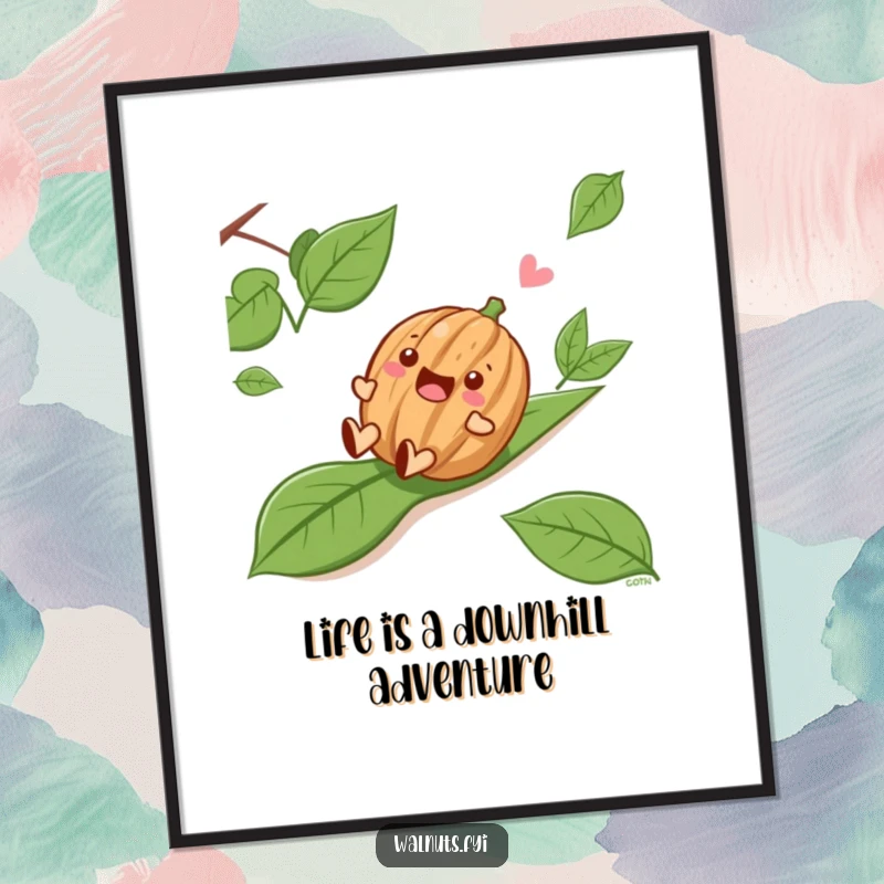 Funny Free Printable Wall Art of a delighted walnut joyfully sliding down a leafy slope, capturing pure fun.