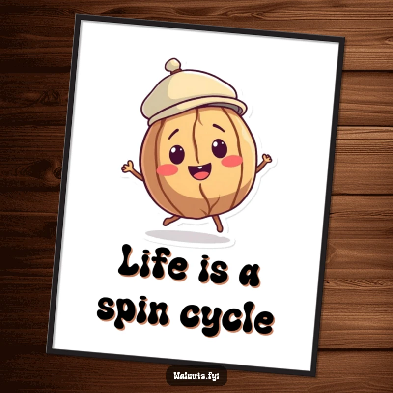 Funny Free Printable Walnut Wall Art: A smiling walnut character in a jaunty cap doing a little spin, adding playful charm to any room.