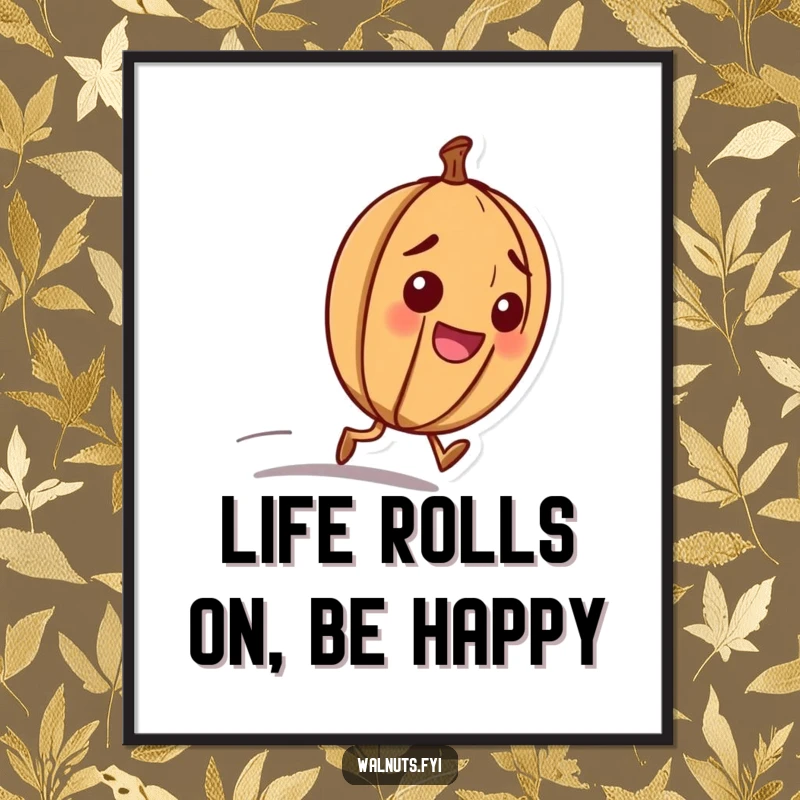 Funny Free Printable Wall Art: A happy walnut character determinedly rolling downhill, a downloadable piece for energetic and humorous home decor.