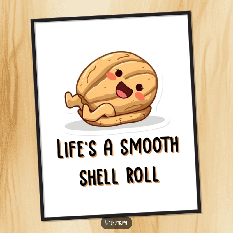 Funny Free Printable Wall Art: A joyful walnut character is captured mid-slide down a polished surface on its shell.