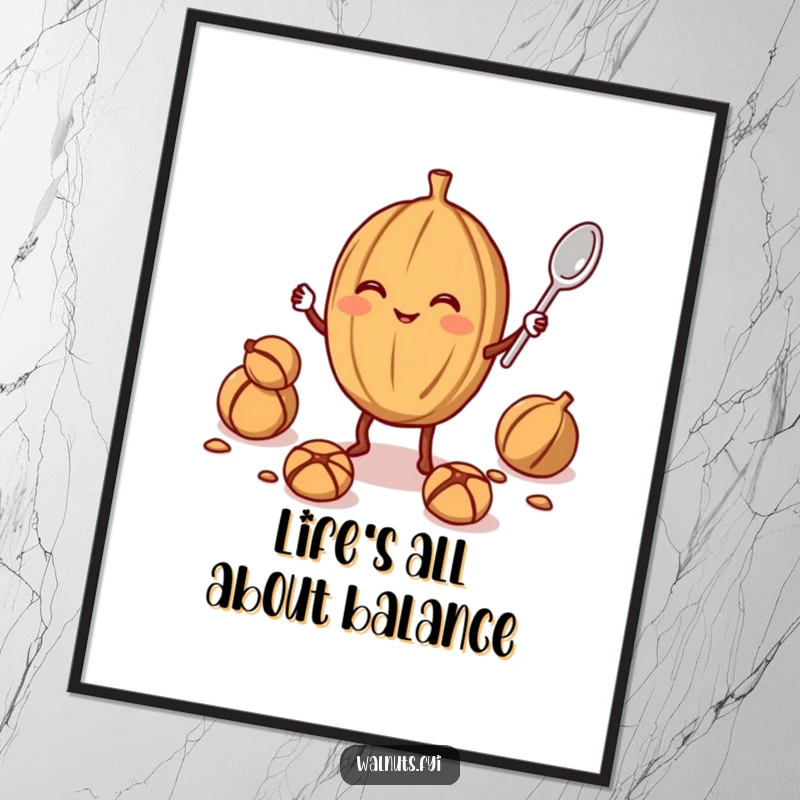 Funny Free Printable Walnut Juggler Wall Art: Smiling cartoon walnut character masterfully juggling a smaller walnut and a spoon.