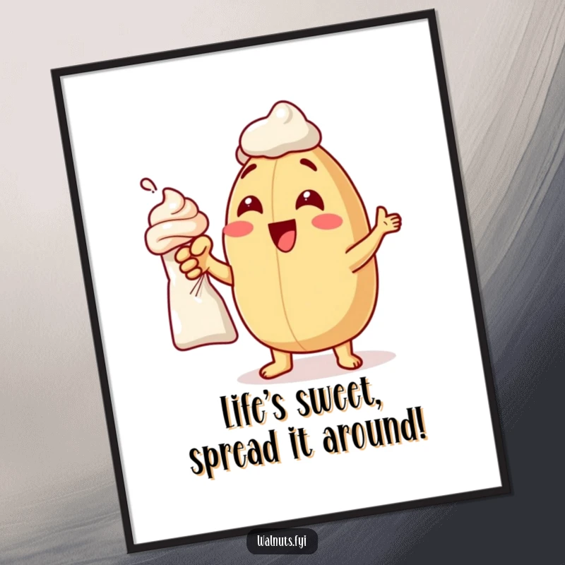 Funny Free Printable Wall Art: A delighted macadamia nut excitedly pointing with glee at a tube of frosting, ready to decorate.