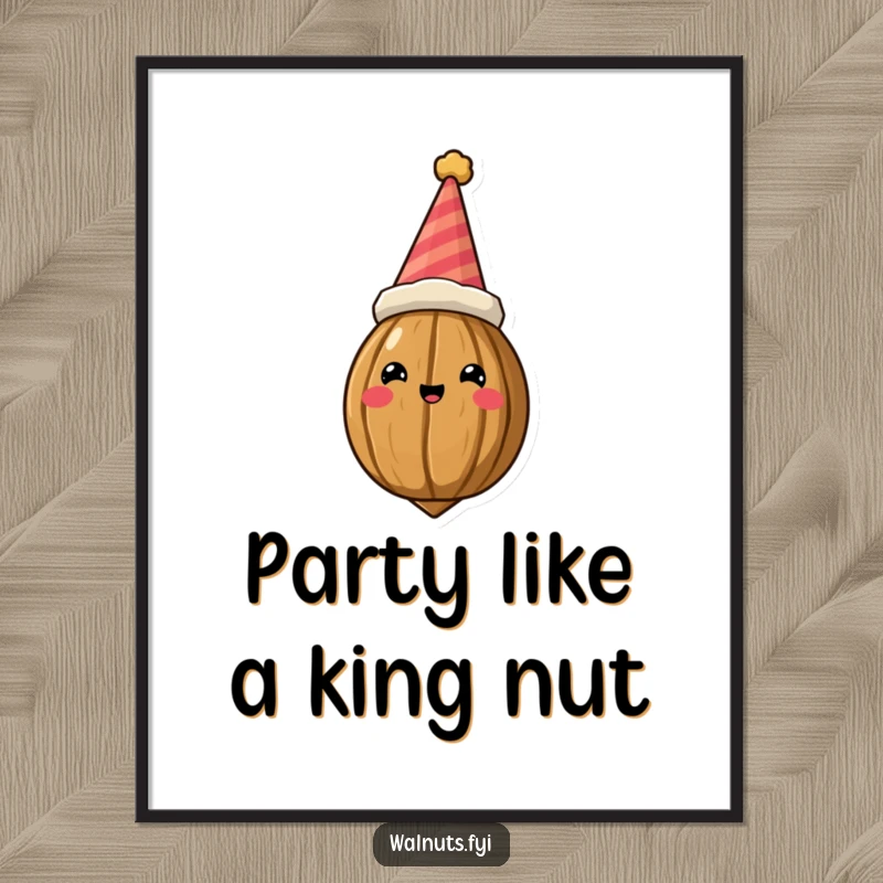 Funny Free Printable Wall Art featuring a majestic walnut wearing a tilted, silly party hat, exuding playful royalty and charm in your space.