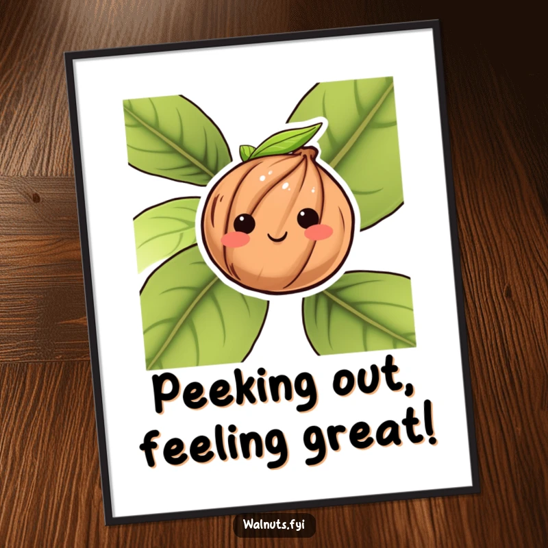 Funny Free Printable Wall Art: A cute walnut peeks shyly from behind a leaf, offering a sweet and humorous visual.