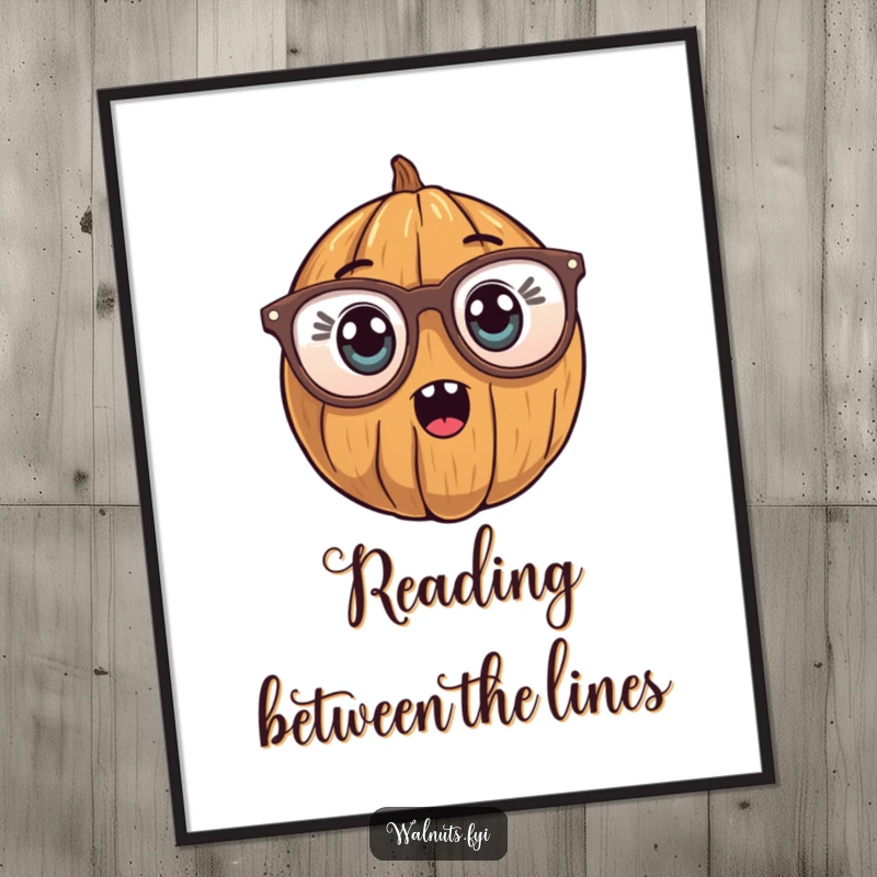 Funny Free Printable Wall Art showcasing a walnut with a startled expression, sporting extremely oversized reading glasses, adding a humorous intellectual vibe.