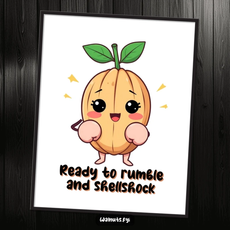 Funny Free Printable Wall Art: A happy walnut is depicted wearing tiny boxing gloves, ready for a playful bout.