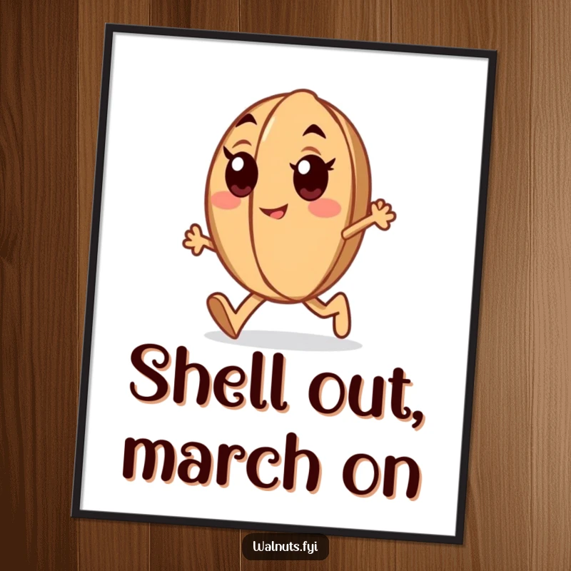Funny Free Printable Wall Art: A determined walnut with enthusiastic eyes marches forward purposefully.