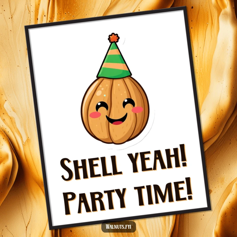 Funny Free Printable Wall Art: A smiling walnut sporting a party hat, radiating joy, perfect downloadable art for a cheerful home.