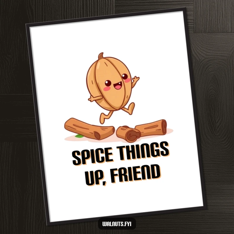 Funny Free Printable wall art of a giggling walnut gleefully skipping down a trail made entirely of cinnamon sticks, full of zest.