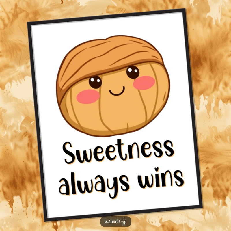 Funny Free Printable Wall Art illustrating a delightful kawaii walnut with rosy cheeks and a gentle smile, bringing a touch of sweetness to your wall.