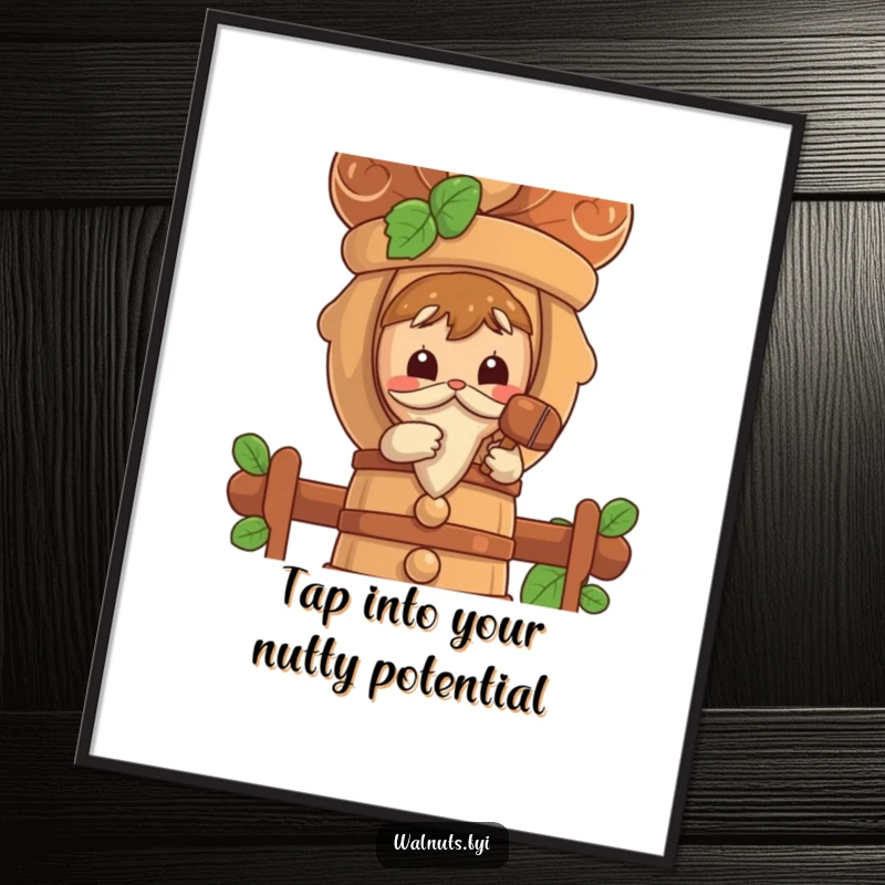 Funny Free Printable Wall Art: A curious walnut character intently taps a large, stylized nutcracker with a tiny mallet.