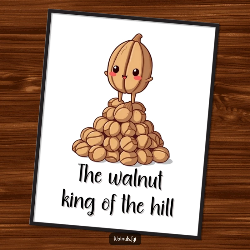 Funny Free Printable Wall Art: A proud walnut stands tall and majestic on a pile of other walnuts, exuding confidence.