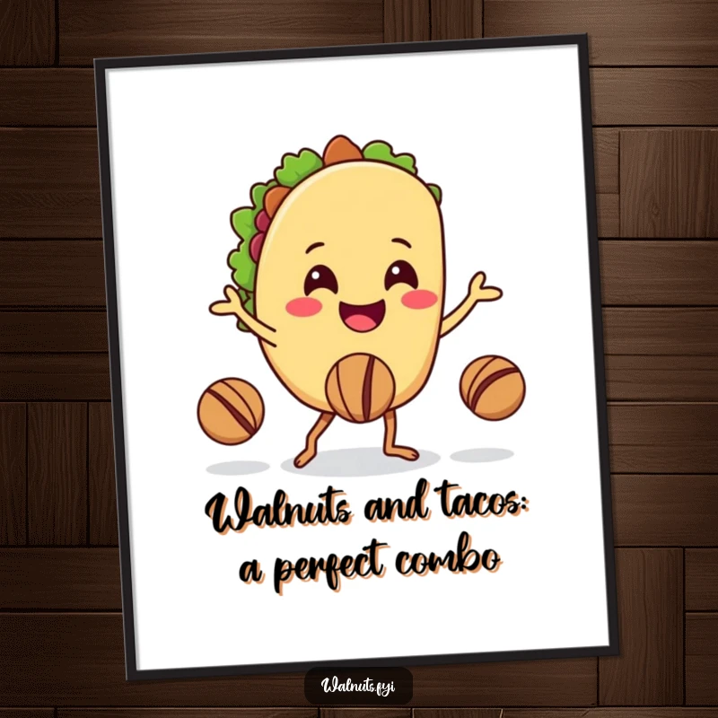 Funny Free Printable Wall Art: A cheerful taco character juggles walnuts with its legs, creating vibrant and humorous decor.